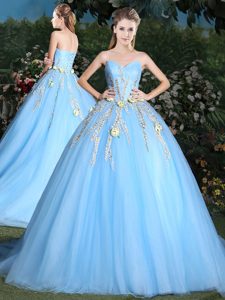 Pretty Light Blue Lace Up Sweetheart Appliques Sweet 16 Dress Tulle Sleeveless Brush Train