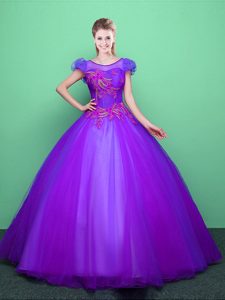 Fantastic Scoop Purple Short Sleeves Appliques Floor Length Quinceanera Gowns