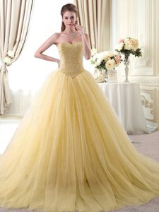 Gold Lace Up Sweetheart Beading Quinceanera Dresses Tulle Sleeveless