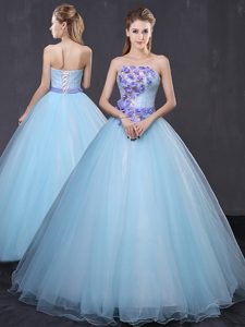 Floor Length Light Blue 15 Quinceanera Dress Strapless Sleeveless Lace Up