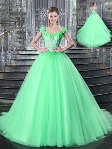 Best Straps Sleeveless Brush Train Lace Up Quinceanera Dama Dress Apple Green Tulle