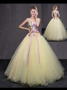 Custom Fit Light Yellow Lace Up V-neck Appliques and Belt Sweet 16 Quinceanera Dress Tulle Sleeveless