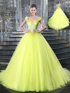 Romantic Yellow Lace Up Straps Beading and Appliques Ball Gown Prom Dress Tulle Sleeveless Brush Train