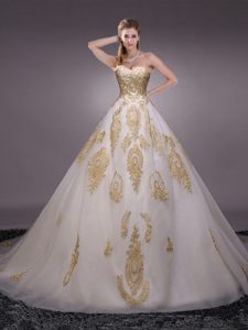 Custom Designed White Ball Gowns Tulle Sweetheart Sleeveless Appliques With Train Lace Up 15 Quinceanera Dress Brush Train