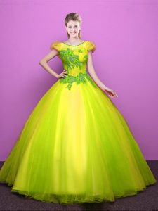 Scoop Short Sleeves Lace Up Vestidos de Quinceanera Yellow Green Tulle