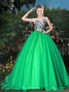 Top Selling Scoop Green Sleeveless Organza Brush Train Zipper 15th Birthday Dress for Military Ball and Sweet 16 and Quinceanera