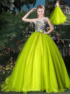 Scoop Yellow Green Organza Lace Up 15 Quinceanera Dress Sleeveless Court Train Beading and Appliques and Belt