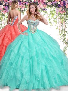 Apple Green Sleeveless Beading and Ruffles Floor Length Quinceanera Gown