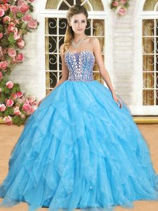 Floor Length Lace Up 15 Quinceanera Dress Aqua Blue and In for Military Ball and Sweet 16 and Quinceanera with Beading and Ruffles