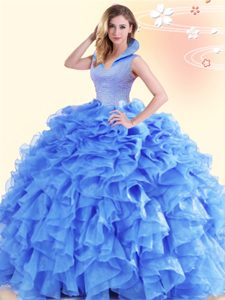 Low Price Ball Gowns Quinceanera Dress Blue High-neck Organza Sleeveless Floor Length Backless