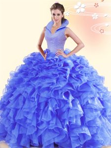 Most Popular Floor Length Purple Quinceanera Gown High-neck Sleeveless Backless