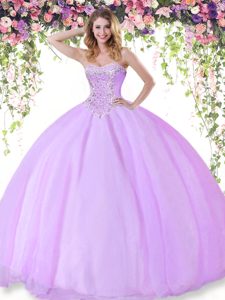 Lilac Ball Gowns Tulle Sweetheart Sleeveless Beading Floor Length Lace Up Ball Gown Prom Dress