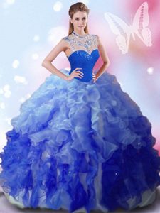 Multi-color Zipper High-neck Beading and Ruffles Quinceanera Gown Tulle Sleeveless