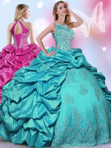 Artistic Pick Ups Ball Gowns Sweet 16 Quinceanera Dress Teal Halter Top Taffeta Sleeveless Floor Length Lace Up