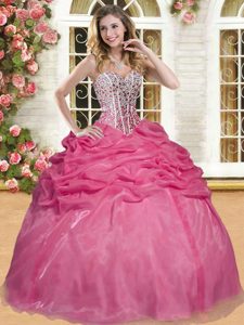 Coral Red Ball Gowns Beading and Pick Ups Quinceanera Gown Lace Up Organza Sleeveless Floor Length