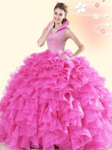 High End Hot Pink Organza Backless 15 Quinceanera Dress Sleeveless Floor Length Beading and Ruffles