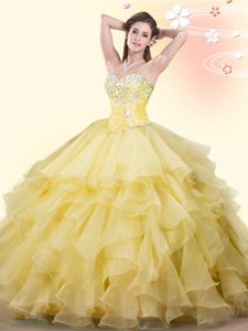 Free and Easy Floor Length Yellow Sweet 16 Quinceanera Dress Organza Sleeveless Beading and Ruffles