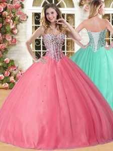 Coral Red Sleeveless Beading Floor Length 15th Birthday Dress