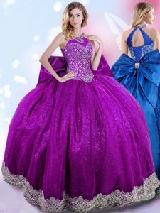 Halter Top Sleeveless Beading and Bowknot Lace Up Quinceanera Gowns