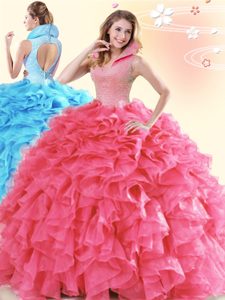 Excellent Sleeveless Organza Floor Length Backless Vestidos de Quinceanera in Coral Red for with Beading and Ruffles