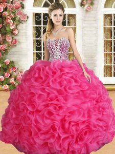 Hot Pink Organza Lace Up Sweetheart Sleeveless Floor Length Vestidos de Damas Beading and Ruffles