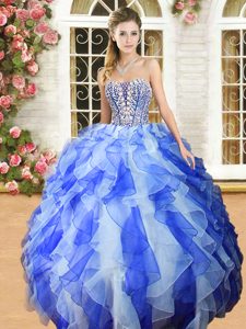 Sleeveless Floor Length Beading and Ruffles Lace Up Sweet 16 Quinceanera Dress with Blue And White