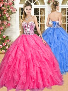 Noble Sleeveless Organza Floor Length Lace Up Quince Ball Gowns in Hot Pink for with Beading and Ruffles