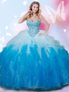 Noble Sweetheart Sleeveless Quince Ball Gowns Floor Length Beading and Ruffles Blue And White Tulle