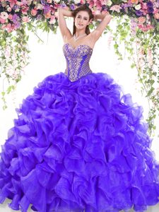 Cheap Purple Lace Up Sweetheart Beading and Ruffles Quinceanera Gown Organza Sleeveless Sweep Train