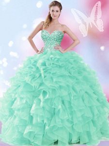 High Class Apple Green Sleeveless Floor Length Beading and Ruffles Lace Up Sweet 16 Quinceanera Dress