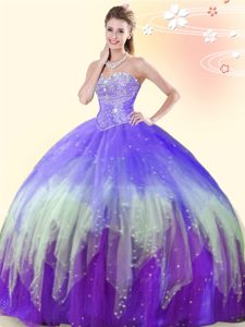 Unique Sleeveless Tulle Floor Length Lace Up Quinceanera Gowns in Multi-color for with Beading