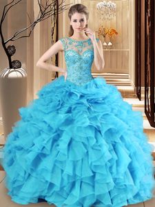 Scoop Sleeveless Organza Sweet 16 Dress Beading and Ruffles Lace Up