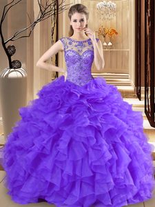 Super Purple Ball Gowns Scoop Sleeveless Organza Floor Length Lace Up Beading and Ruffles Sweet 16 Dress