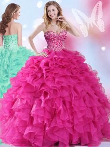 Beading and Ruffles Vestidos de Quinceanera Hot Pink Lace Up Sleeveless Floor Length