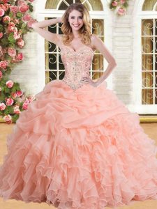 Beading and Appliques and Ruffles and Pick Ups Quinceanera Gowns Peach Lace Up Sleeveless Floor Length