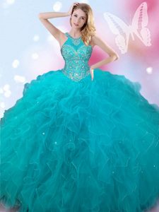 Fabulous Halter Top Floor Length Ball Gowns Sleeveless Teal Quinceanera Gowns Lace Up