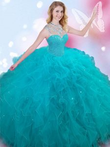 Sleeveless Floor Length Beading Lace Up 15 Quinceanera Dress with Teal