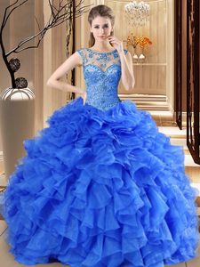 Floor Length Royal Blue Sweet 16 Dress Scoop Sleeveless Lace Up