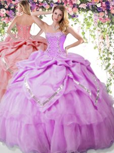 Lilac Ball Gowns Organza and Taffeta Sweetheart Sleeveless Beading and Pick Ups Floor Length Lace Up Sweet 16 Quinceanera Dress