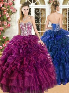 Admirable Ruffled Ball Gowns 15 Quinceanera Dress Burgundy Sweetheart Organza Sleeveless Floor Length Lace Up