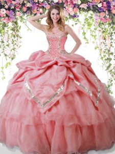 Traditional Sleeveless Organza and Taffeta Floor Length Lace Up Quinceanera Dresses in Watermelon Red for with Beading and Pick Ups