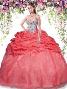 Colorful Red Sleeveless Beading and Pick Ups Floor Length Quince Ball Gowns