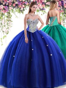 Latest Tulle Sweetheart Sleeveless Lace Up Beading Sweet 16 Dress in Royal Blue