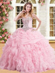 Discount Organza Sweetheart Sleeveless Lace Up Appliques and Ruffles and Pick Ups Quinceanera Gowns in Baby Pink