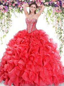 Super Sweetheart Sleeveless Sweep Train Lace Up 15 Quinceanera Dress Red Organza