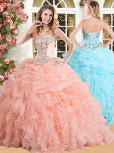 Peach Lace Up Quinceanera Dress Appliques and Ruffles and Pick Ups Sleeveless Floor Length