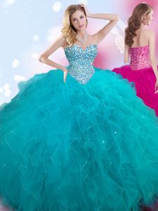 Free and Easy Sleeveless Floor Length Beading Lace Up Sweet 16 Dress with Teal