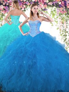 Sleeveless Tulle Floor Length Lace Up Sweet 16 Dresses in Blue for with Beading