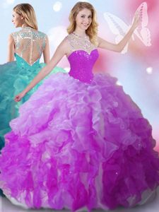 High End Sleeveless Tulle Floor Length Zipper Quinceanera Dresses in Multi-color for with Beading