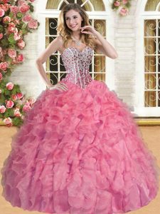 Watermelon Red Sweetheart Neckline Beading and Ruffles Quinceanera Dress Sleeveless Lace Up